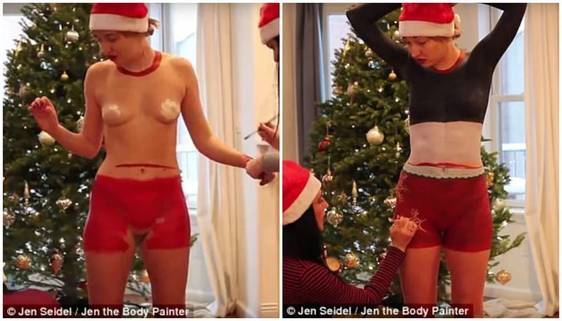 Модель пройшлась вулицями Нью-Йорка у намальованому різдвяному костюмі на голе тіло - фото 358396