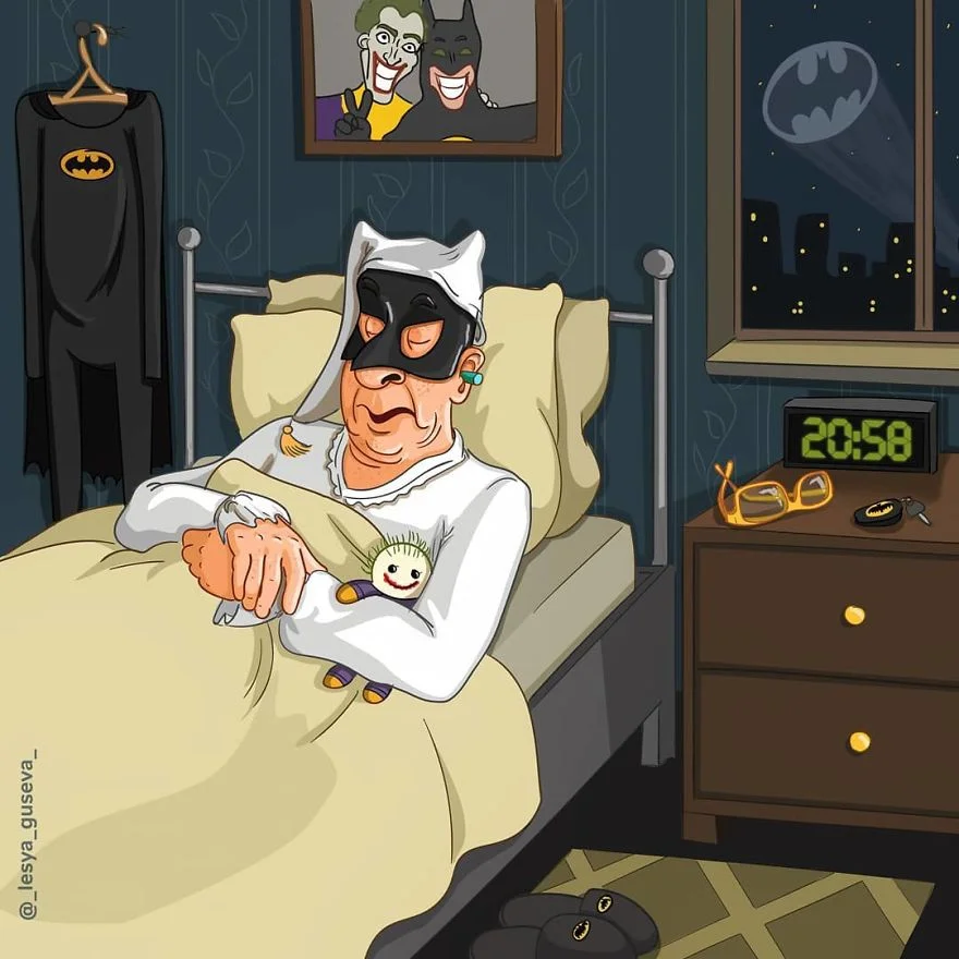 Как бы выглядели супергерои на пенсии - смешные иллюстрации, которые вас очень порадуют - фото 389602