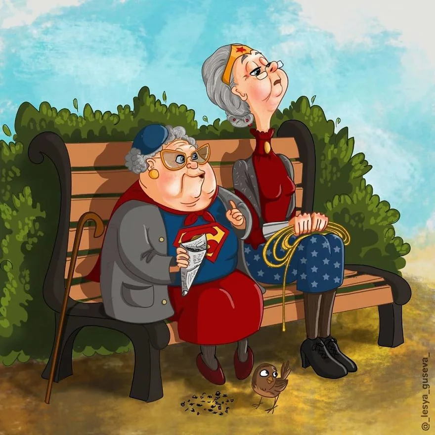 Как бы выглядели супергерои на пенсии - смешные иллюстрации, которые вас очень порадуют - фото 389595