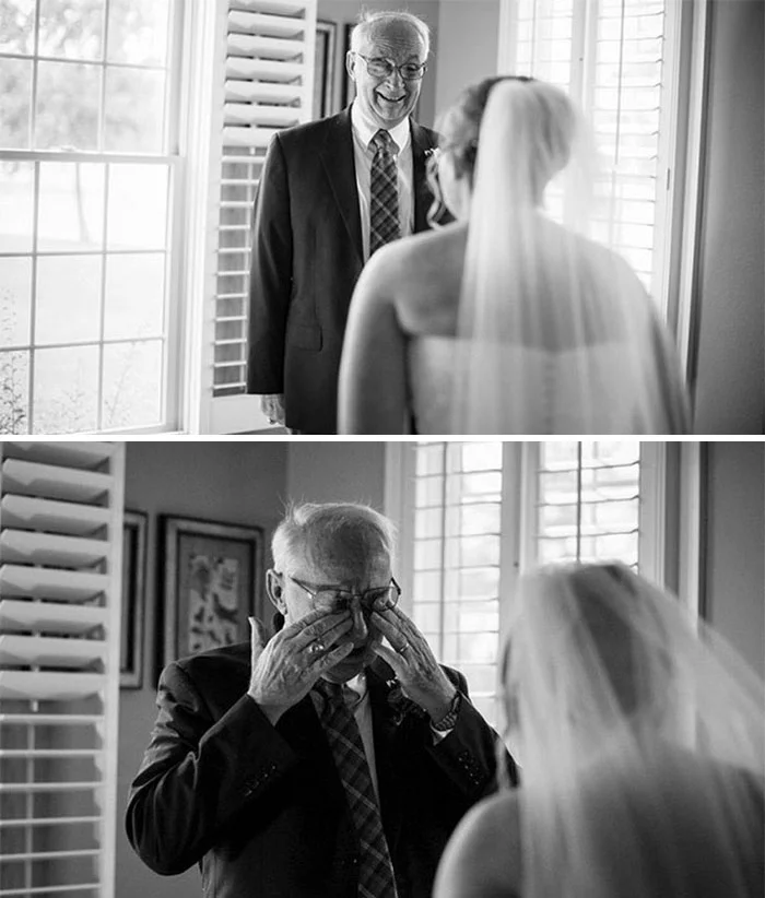Как мило: эмоциональные фото, на которых отцы впервые видят дочерей в свадебных платьях - фото 390014