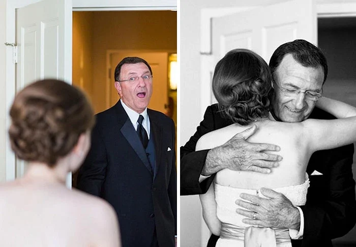 Как мило: эмоциональные фото, на которых отцы впервые видят дочерей в свадебных платьях - фото 390010