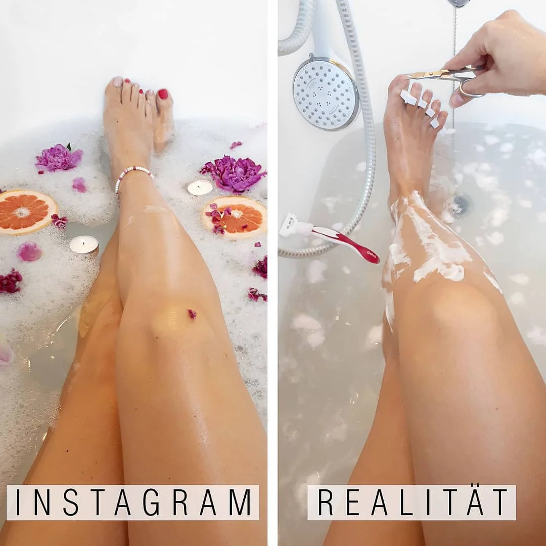 Женщина смешно показывает, что идеальные фото в Instagram далеки от реальности - фото 401251