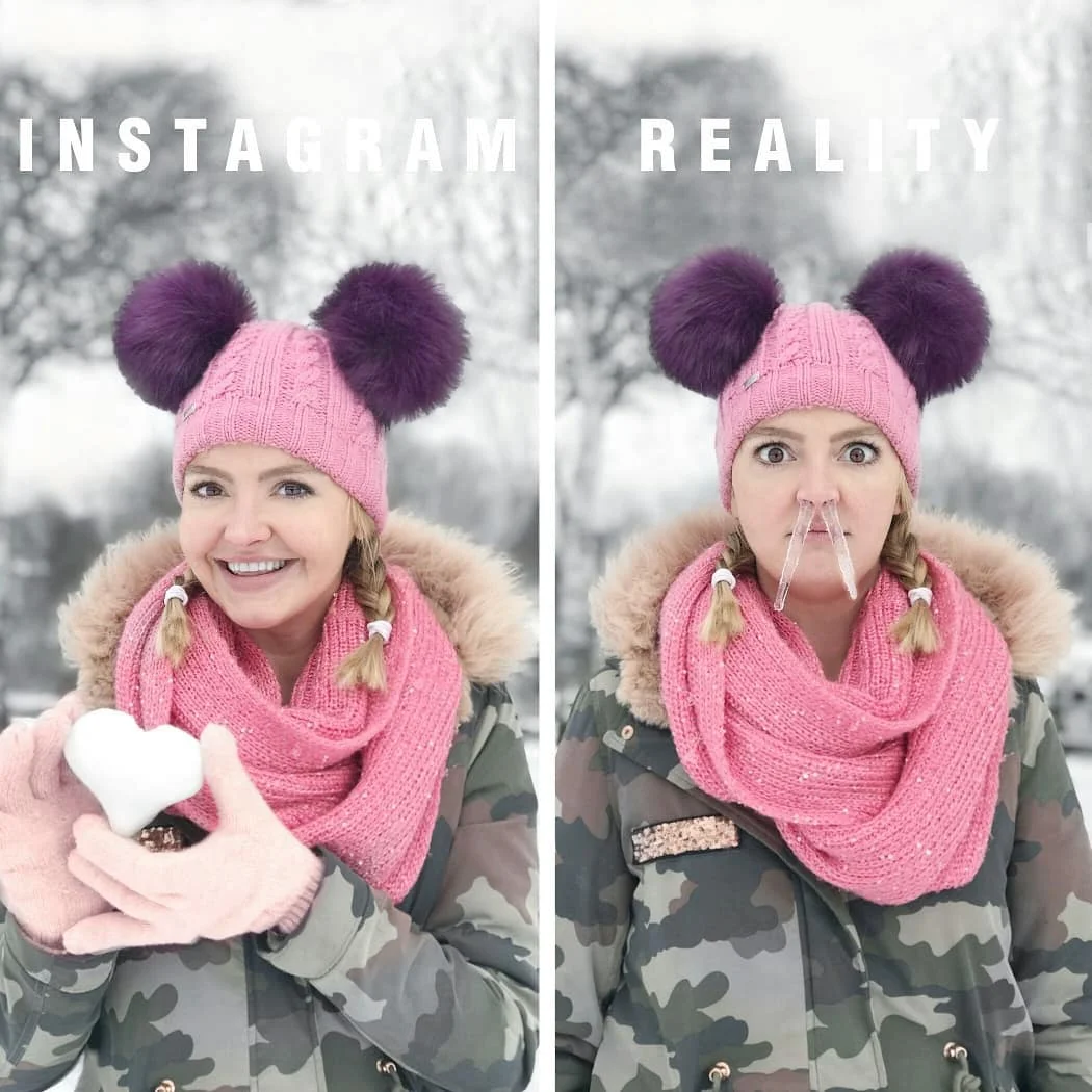 Женщина смешно показывает, что идеальные фото в Instagram далеки от реальности - фото 401252