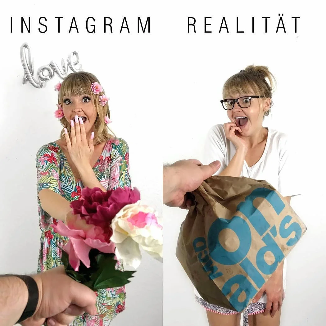 Женщина смешно показывает, что идеальные фото в Instagram далеки от реальности - фото 401254
