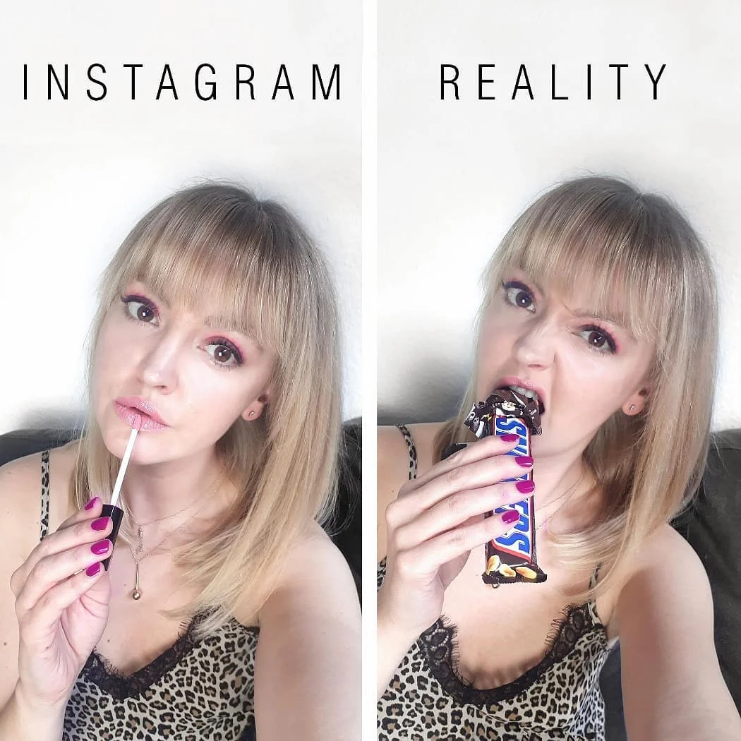 Женщина смешно показывает, что идеальные фото в Instagram далеки от реальности - фото 401255
