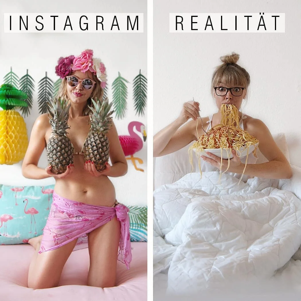 Женщина смешно показывает, что идеальные фото в Instagram далеки от реальности - фото 401257