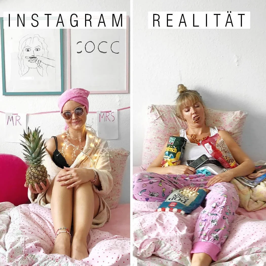 Женщина смешно показывает, что идеальные фото в Instagram далеки от реальности - фото 401262