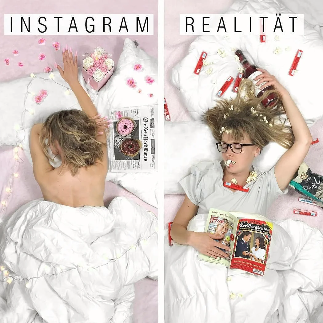 Женщина смешно показывает, что идеальные фото в Instagram далеки от реальности - фото 401263