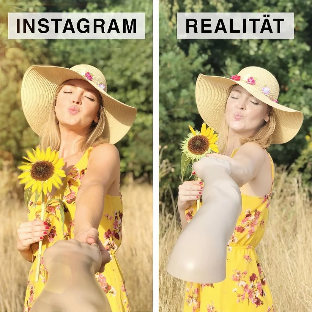 Женщина смешно показывает, что идеальные фото в Instagram далеки от реальности - фото 401264
