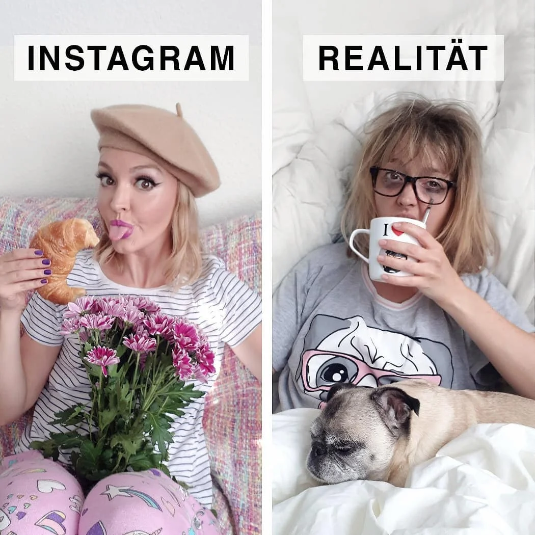 Женщина смешно показывает, что идеальные фото в Instagram далеки от реальности - фото 401265