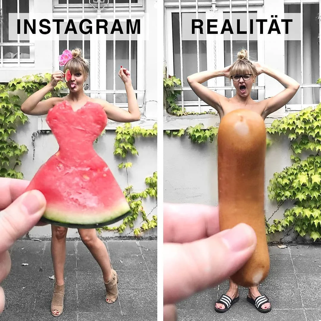 Женщина смешно показывает, что идеальные фото в Instagram далеки от реальности - фото 401268