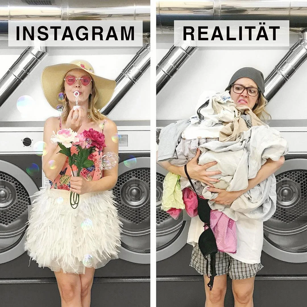 Женщина смешно показывает, что идеальные фото в Instagram далеки от реальности - фото 401270