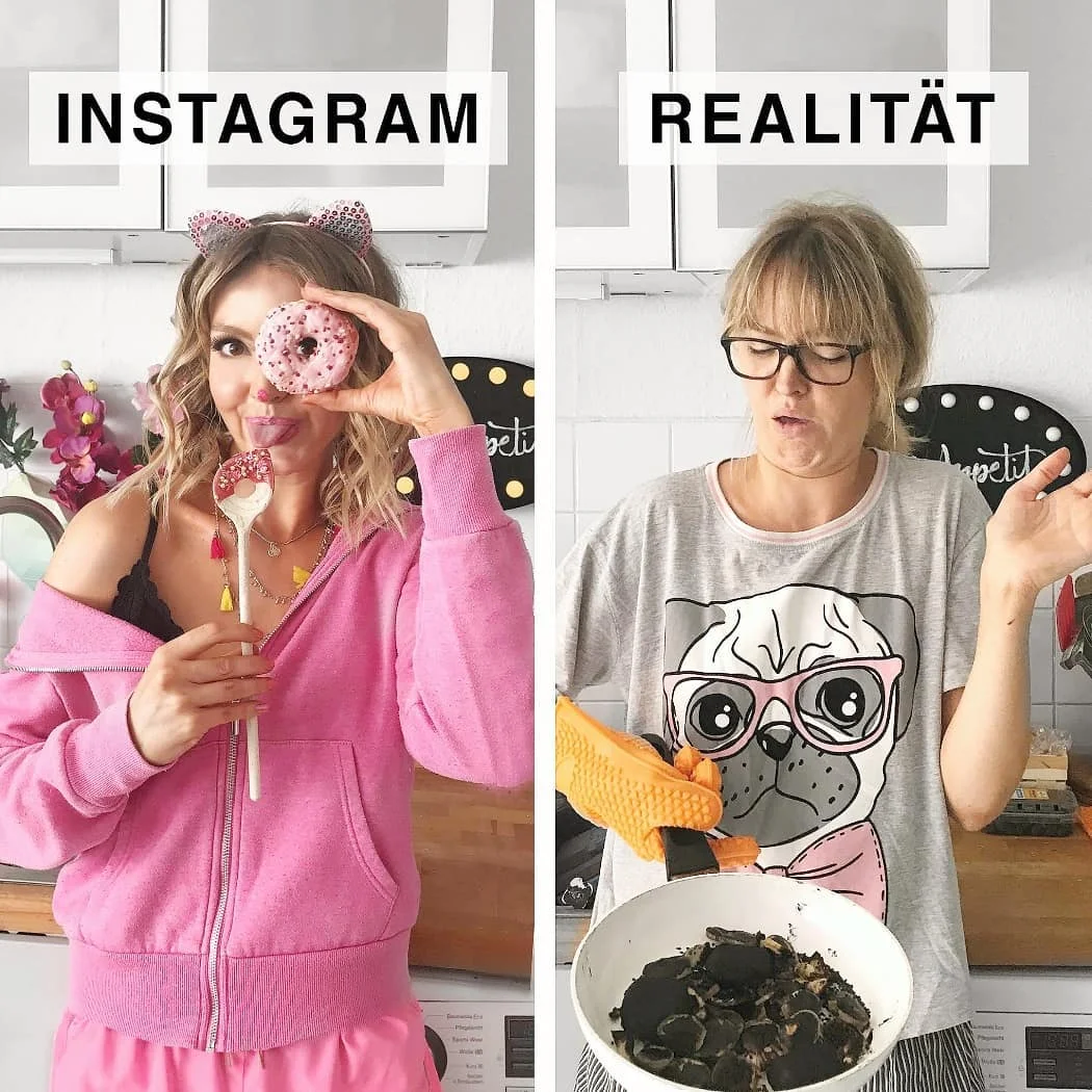Женщина смешно показывает, что идеальные фото в Instagram далеки от реальности - фото 401271
