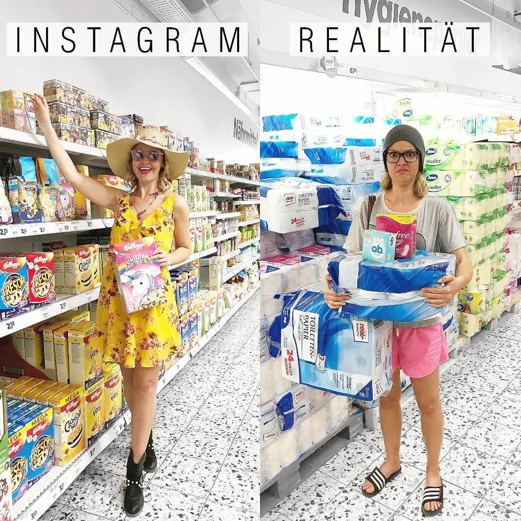 Женщина смешно показывает, что идеальные фото в Instagram далеки от реальности - фото 401273