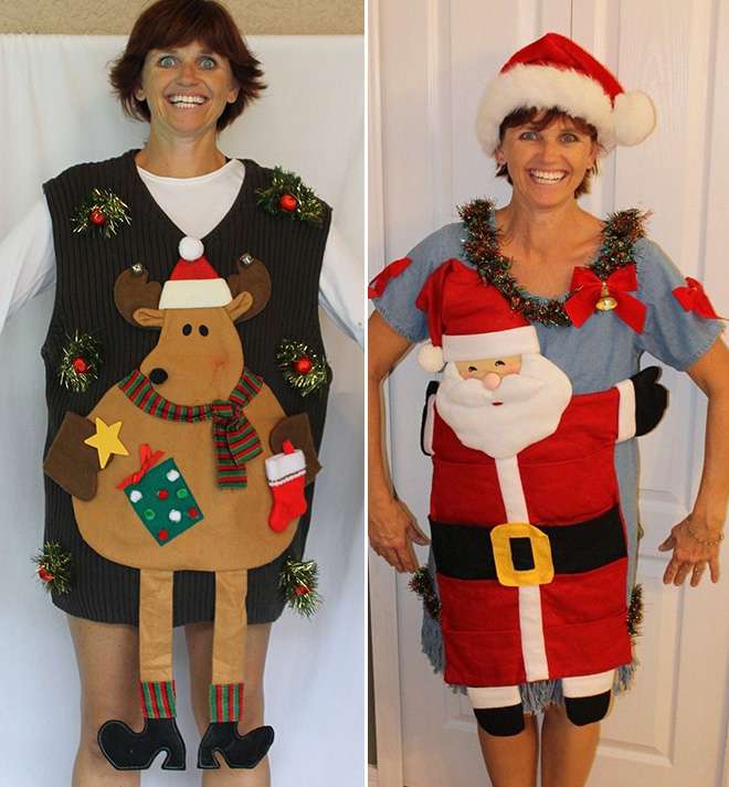 Женщина шьет противные рождественские свитера и рекламирует их с глуповатым смешным лицом - фото 415639