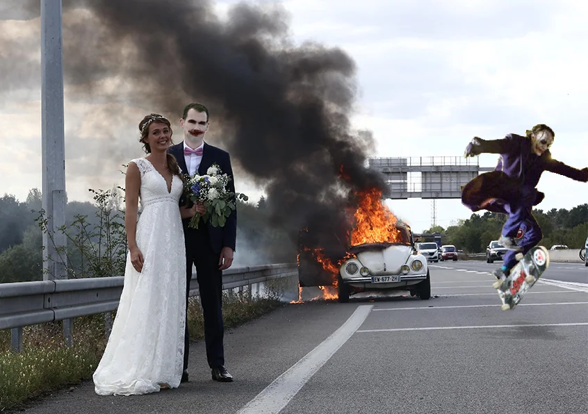 Молодожены сделали свадебное фото на фоне горящего авто и стали жертвами фотошопа - фото 452768