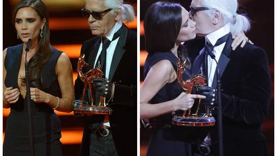 Виктория Бекхэм расцеловала сурового Карла Лагерфельда