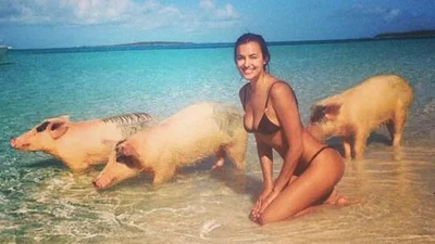 Мама Ирины Шейк смело поплавала со свиньями