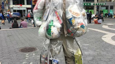 Місяць з непотребом: чоловік носить на собі сміттєвий костюм