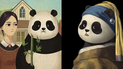 Милые панды стали героями известных художественных шедевров