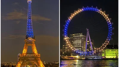 Мир с нами: Эйфелевую башню и Лондонский глаз подсветили сине-желтыми цветами