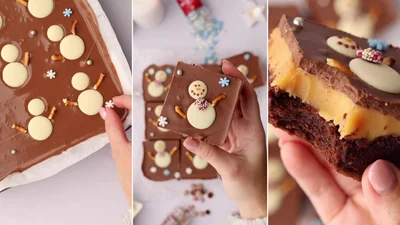 Дети будут умолять о добавке: рецепт новогоднего брауни со снеговичками