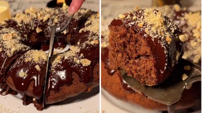Шоколадно-кофейный кекс с шоколадной глазурью и орехами, который просто тает во рту