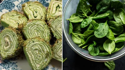 Шпинатный рулет из блинов с сырной намазкой - удачная закуска как для перекуса, так и для праздничного стола