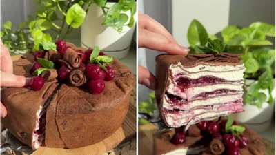 Шоколадно-вишневий млинцевий торт - нереальна насолода на Масницю