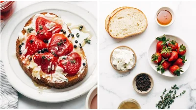 Любителям сладких завтраков: запеченные тосты с клубникой, сыром и медом