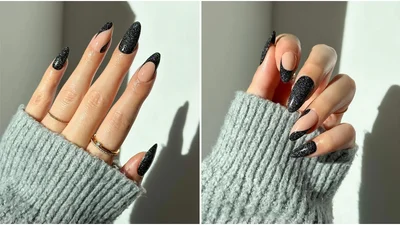 Черные ногти с блестками – маникюр, который привлекает все взгляды в новогоднюю ночь