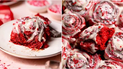 Синабоны "Красный бархат" – мягкие булочки с кремовой глазурью на 14 февраля