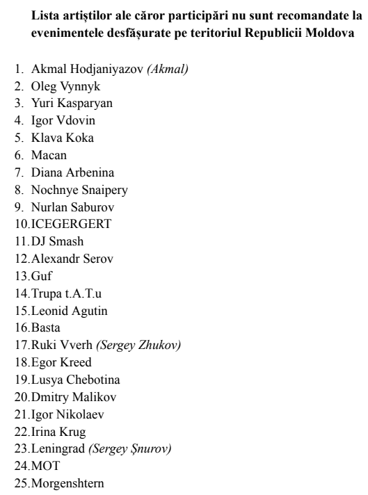 Повний список заборонених артистів в Молдові - 881006 Повний список заборонених артистів в Молдові - фото 881006
